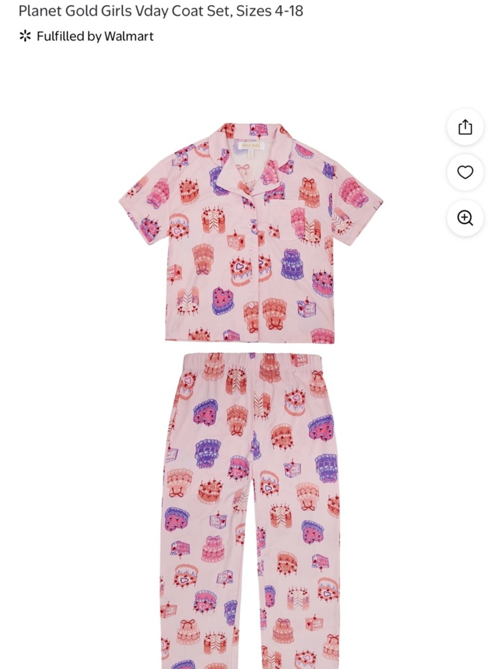 Planet Gold Light Pink Girls Pajama Set with Heart & Crown Prints